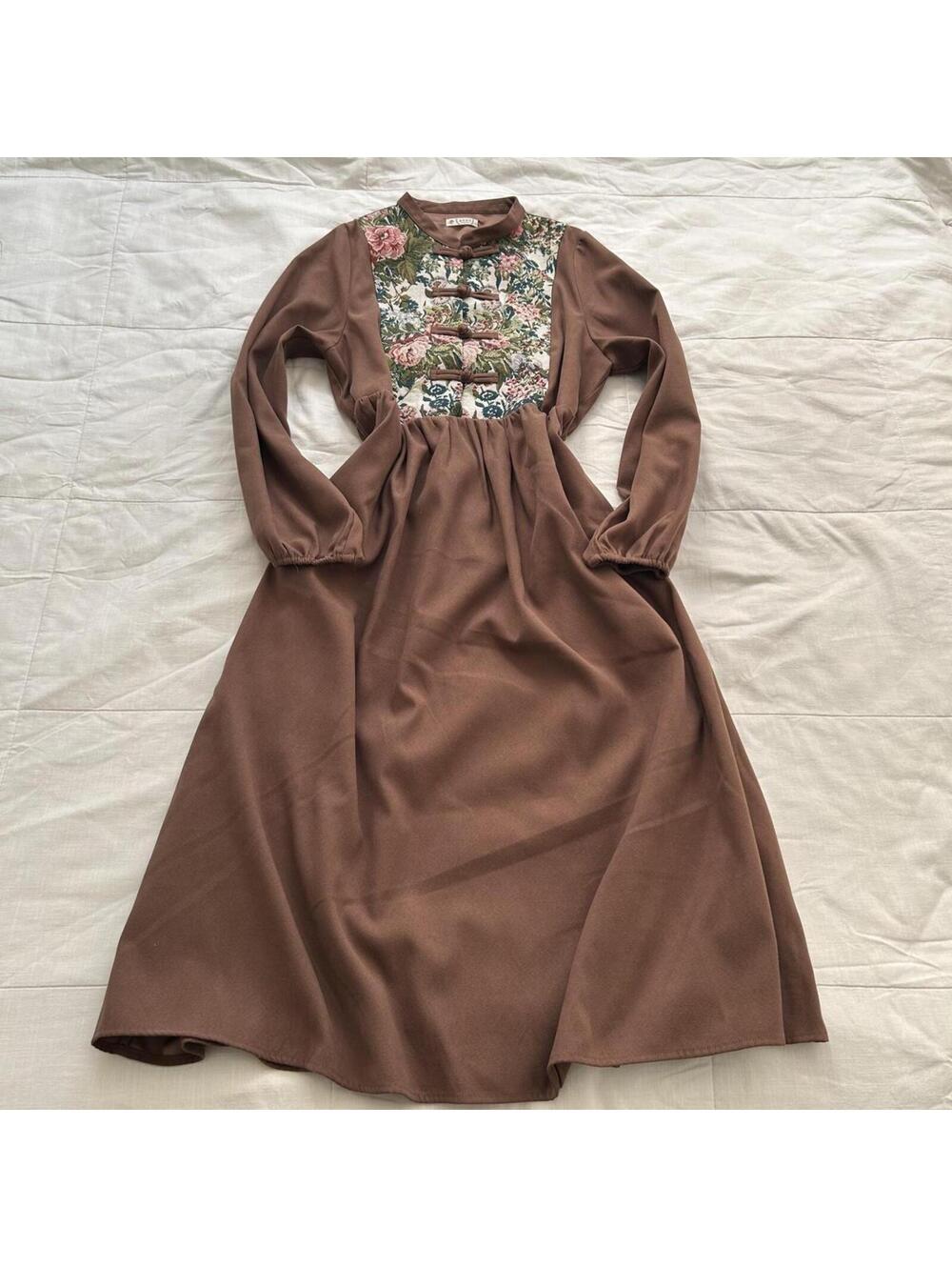Axes Femme Tan Brown Floral Tapestry Maxi Dress Mori Kei M Japan